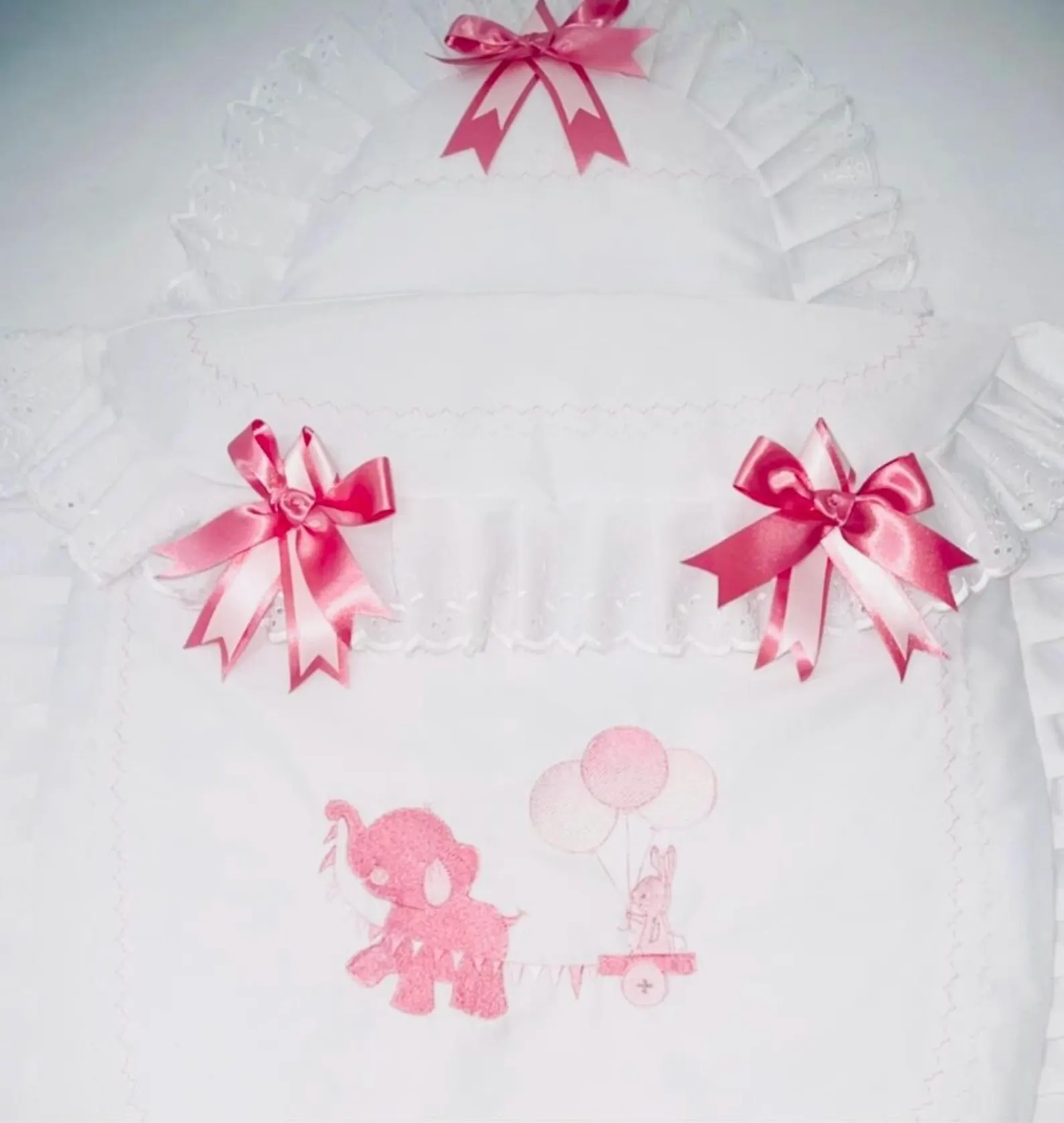 Baby Pram Quilt & Pillow Set to fit, Any pram White fabric and Shades of Pink embroidered design. Perfect Gift