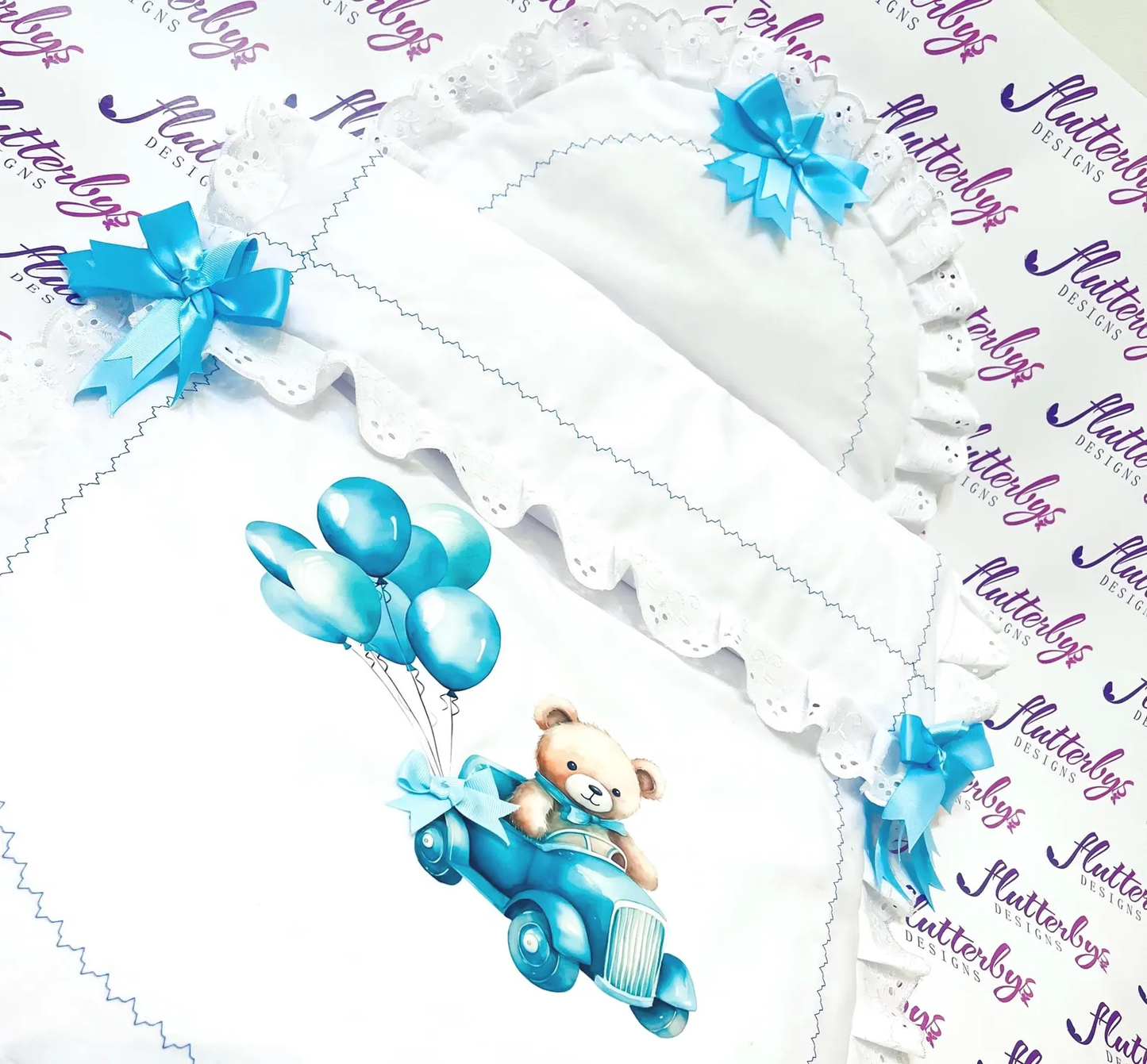 Pram Quilt White with Blue Teddy Car made to fit any pram Perfect gift