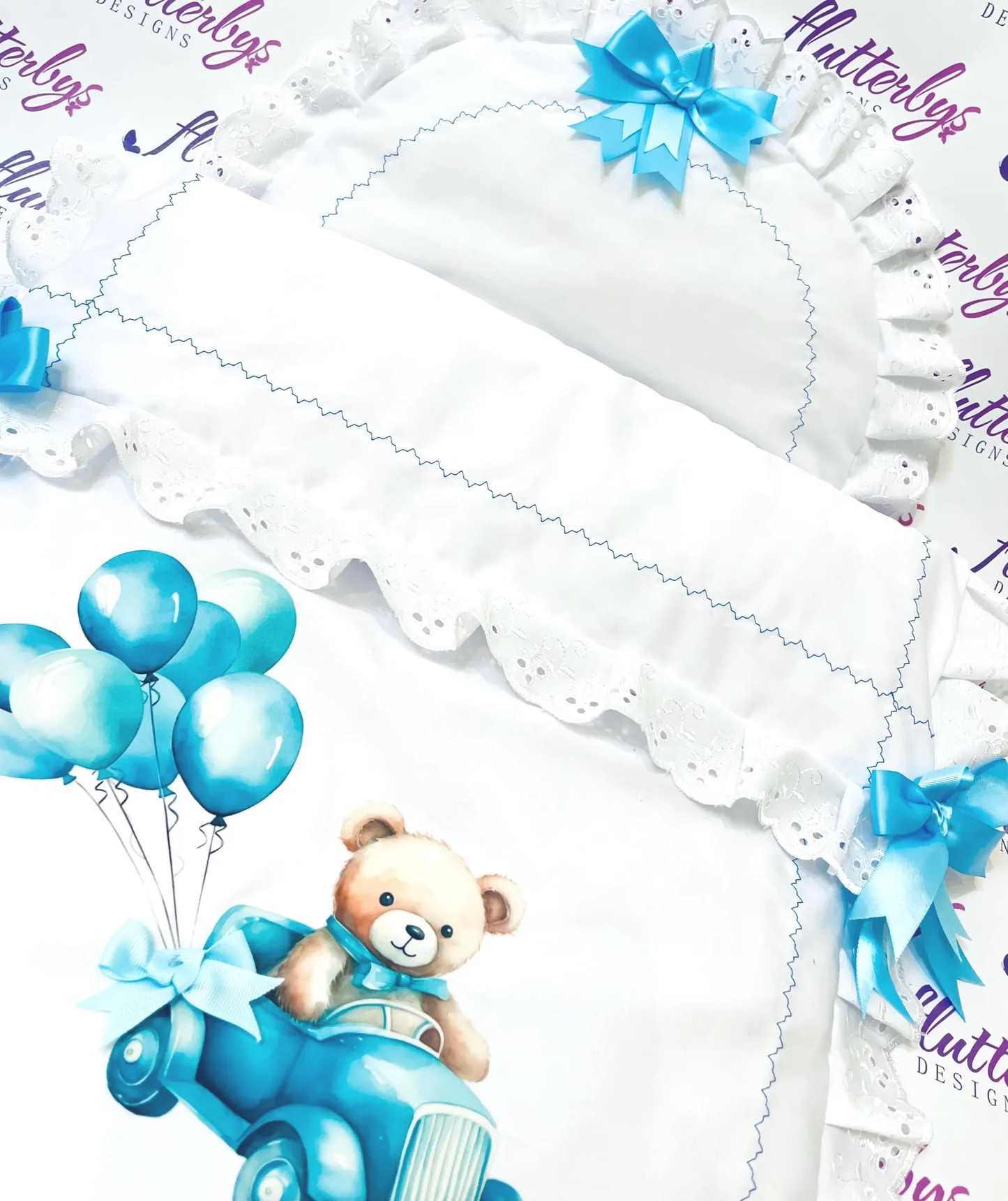 Pram Quilt White with Blue Teddy Car made to fit any pram Perfect gift
