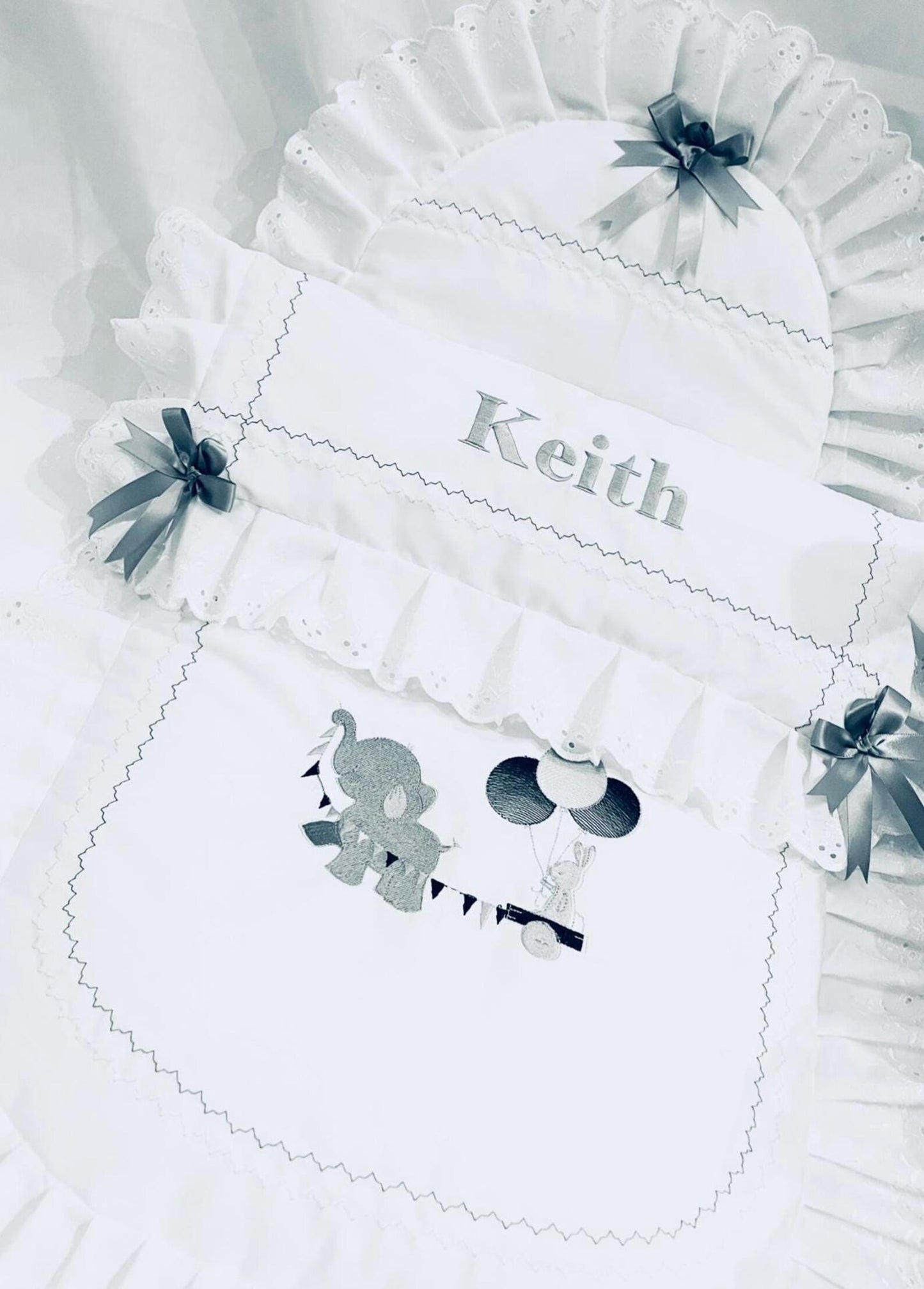 Baby Pram Quilt & Pillow Set to fit, Any pram White fabric and Shades of Grey embroidered design. Perfect Gift
