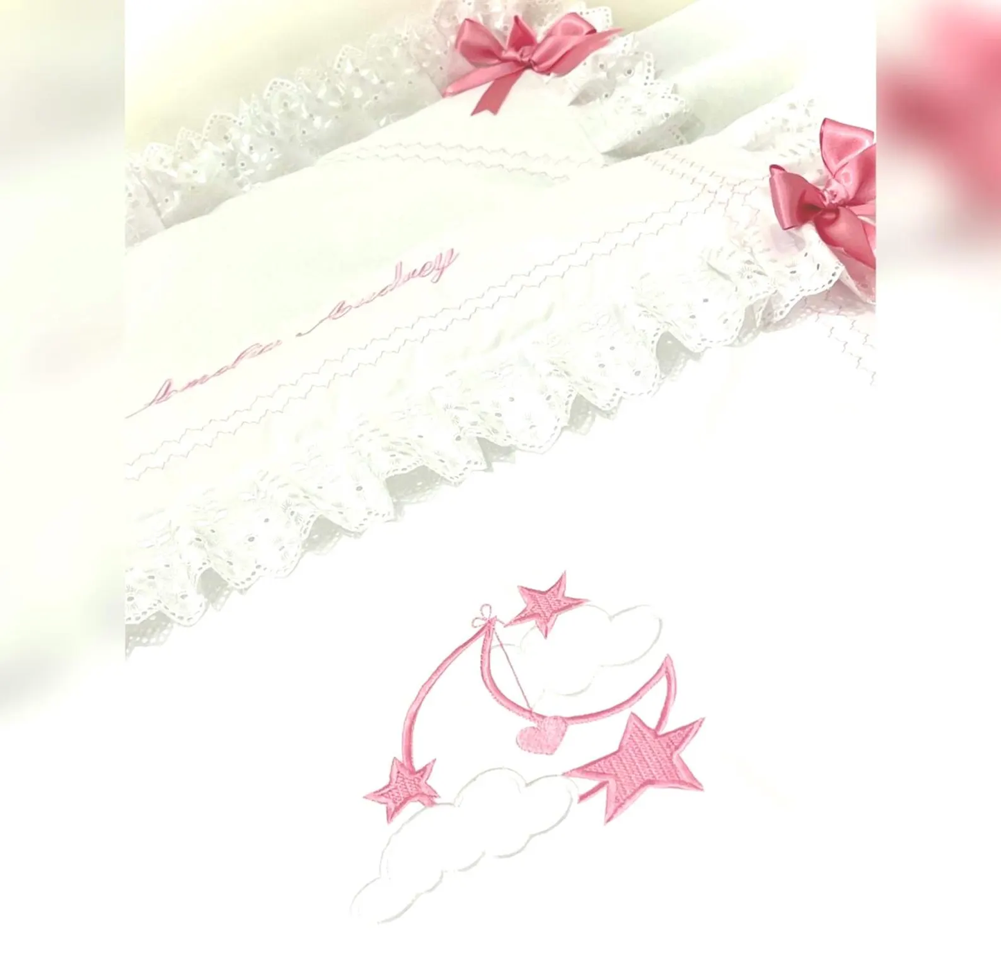 Moon & Stars Pram quilt lace trim Pink satin ribbon will fit coach built pram Kensington size Perfect Gift .