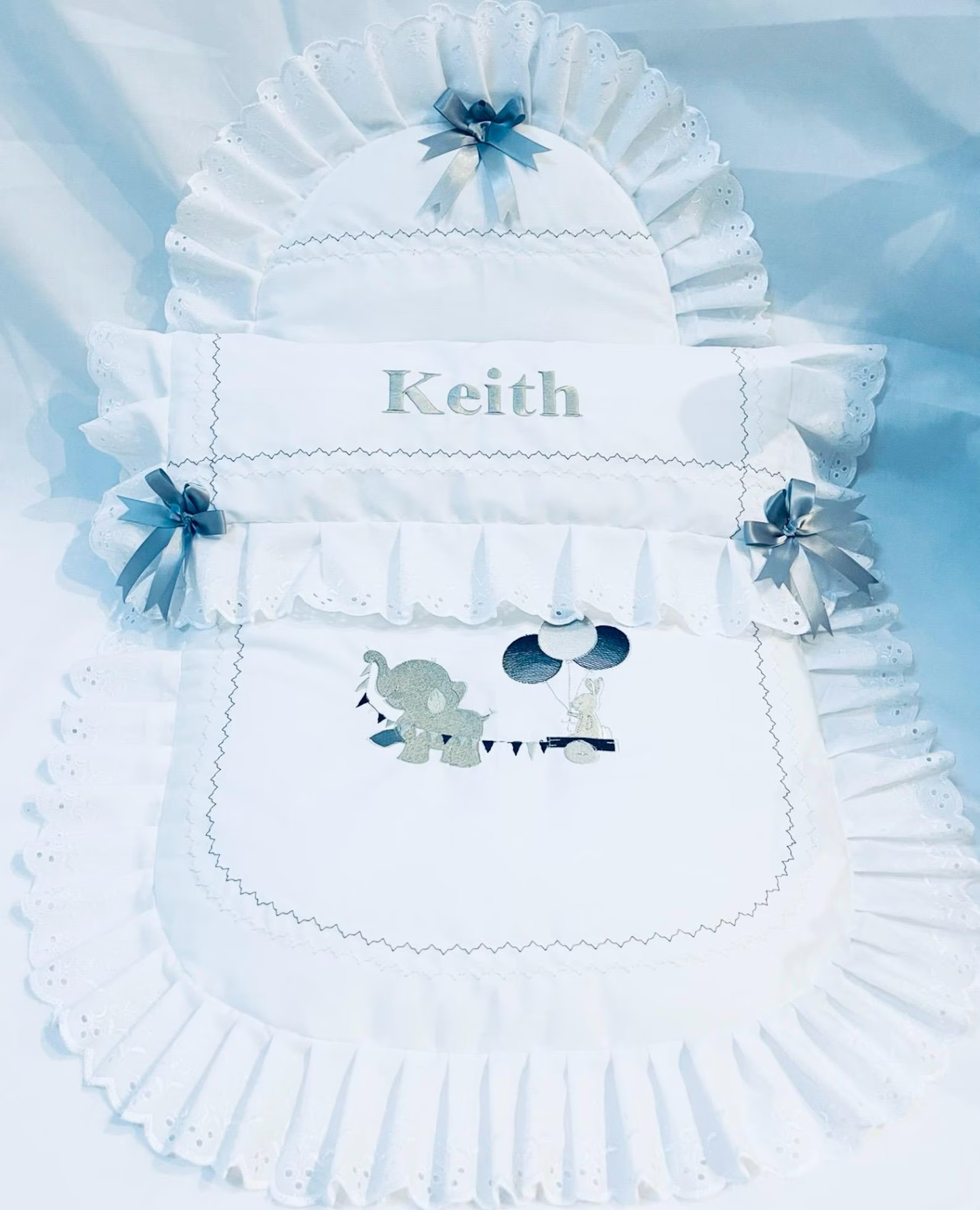 Baby Pram Quilt & Pillow Set to fit, Any pram White fabric and Shades of Grey embroidered design. Perfect Gift