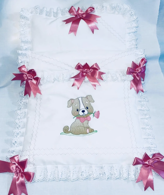 Puppy Love !  Doll's Pram quilt set  & Blanket * Will fit Any coach built pram Silver Cross