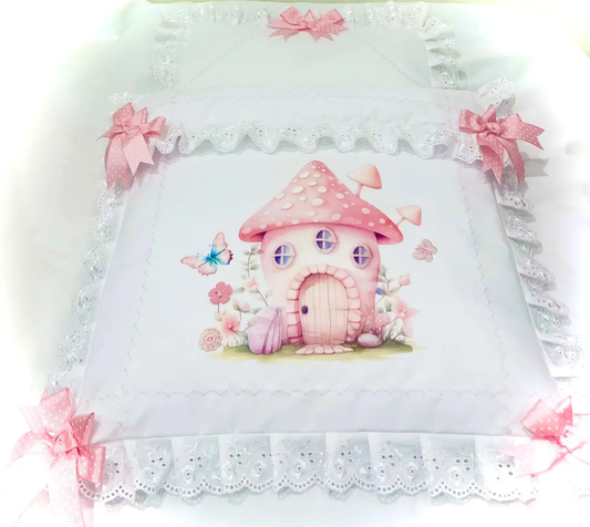 Pink fairy house with a bow and butterfly on a white background
