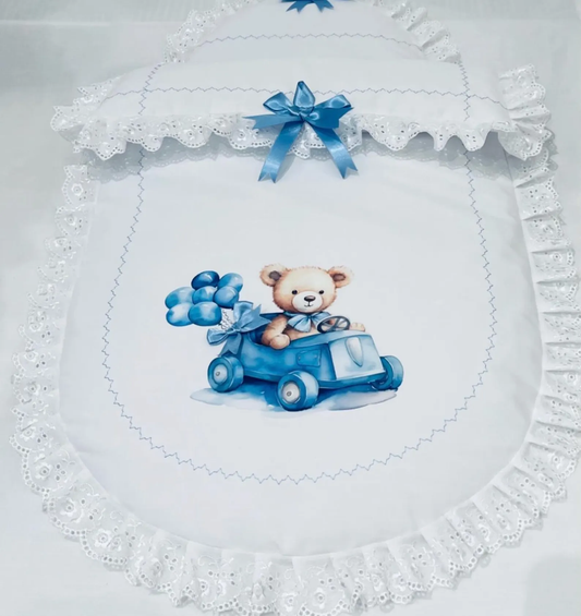 Pram Quilt White with Blue Teddy Car made to fit any pram Perfect gift