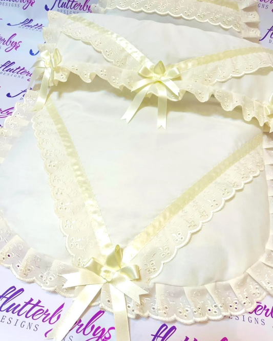 Baby Pram Quilt & Pillow Set to fit, Any pram  Ivory fabric and Ivory broderie anglaise lace . Perfect Gift